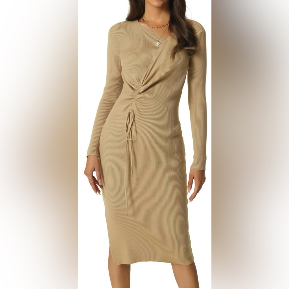 Seta J Elegant Beige Ribbed Knit Dress